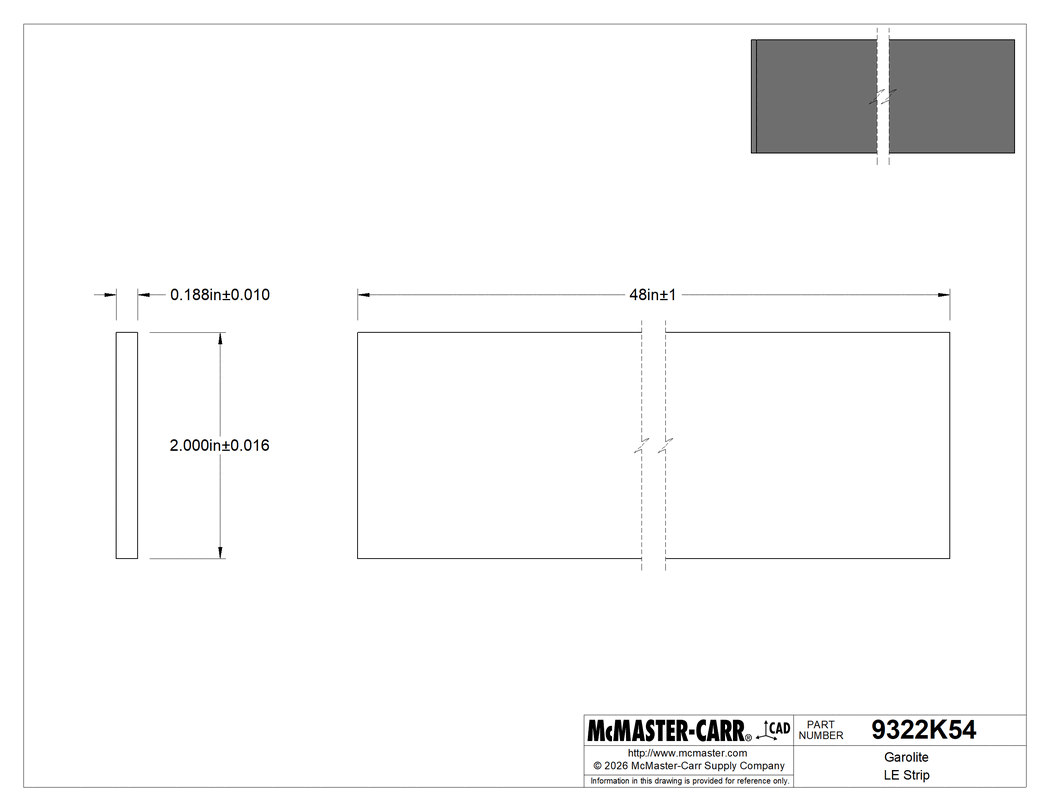 Technical Drawing of Garolite LE Strip, 2" x 48" x 3/16".